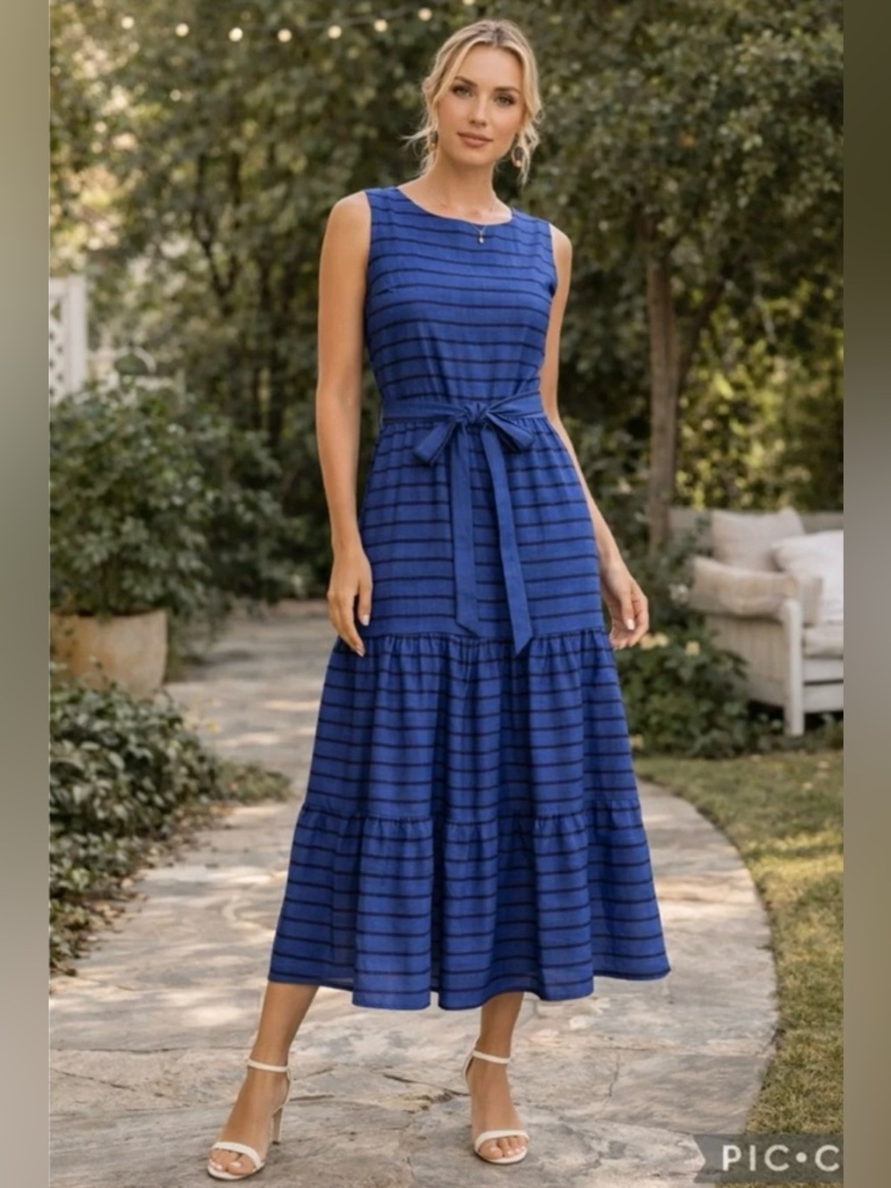 Evereve Blue Striped Tie-Waist Tiered Maxi Dress- Size M